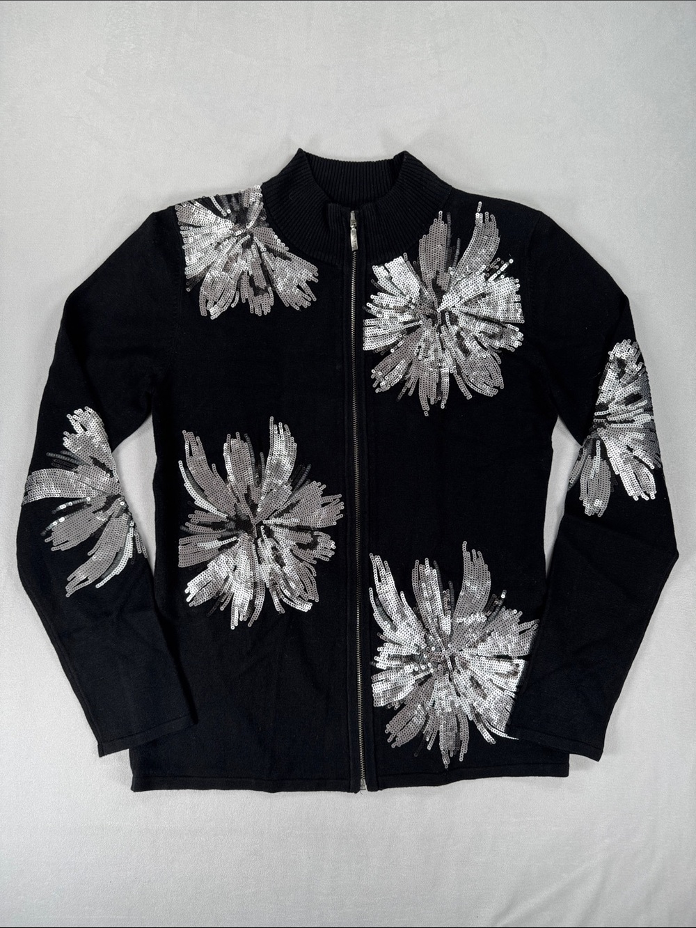 NWT Belldini Women's Black Sequins Flower Full Zip Cardigan Jacket Large